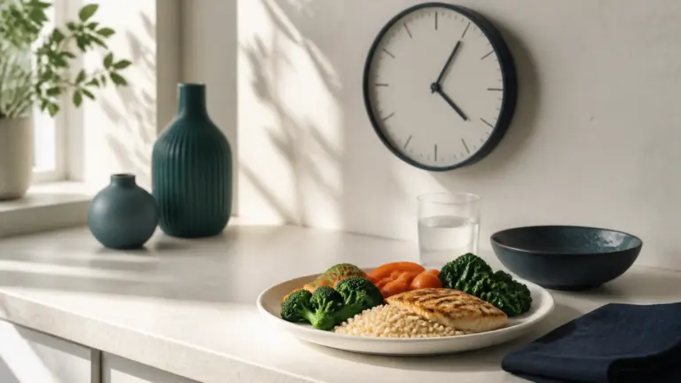 Photoreal editorial still life of a bright minimalist kitchen counter in pale stone, a simple white plate of fresh vegetables