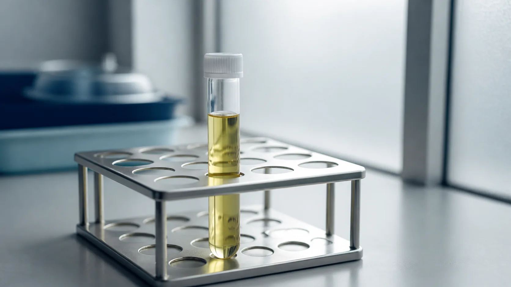 Single vial of straw-colored blood plasma standing in a stainless steel rack on a pale laboratory bench