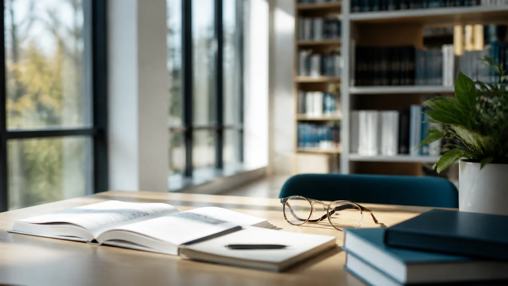 Quiet sunlit corner of a modern research library