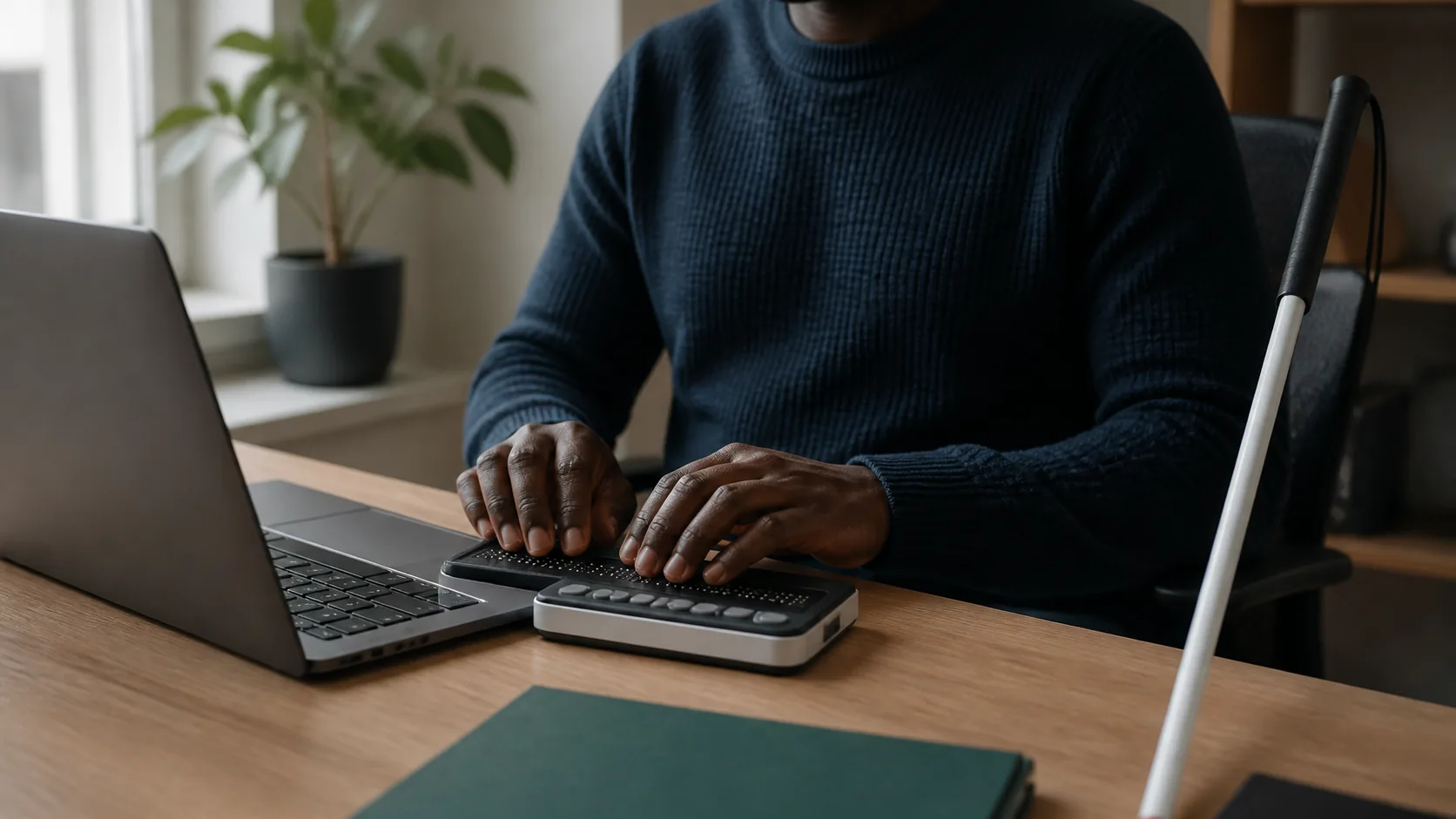 Person's hands resting on a braille display beside a laptop keyboard on a light wooden desk