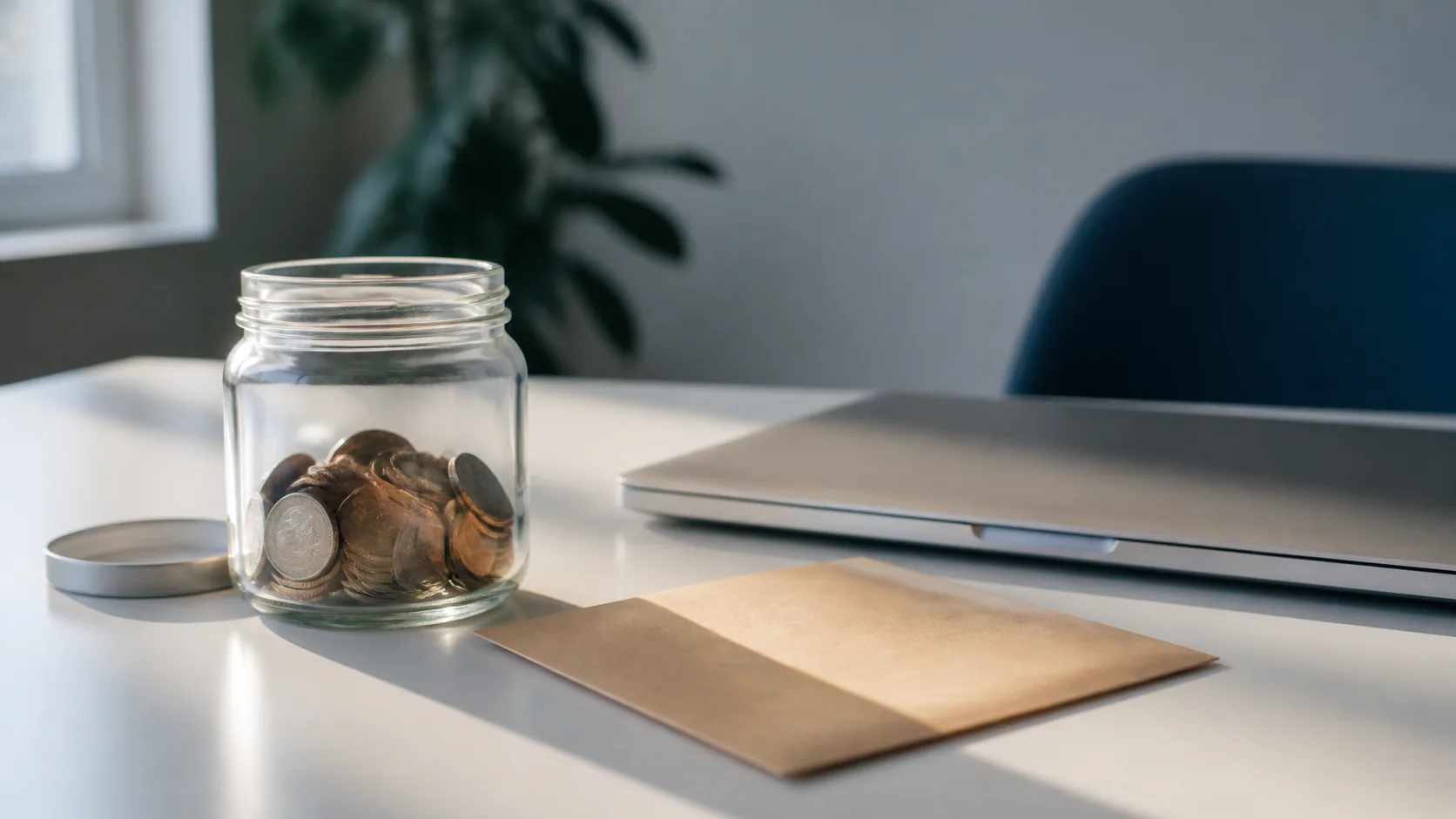 Open glass jar of coins and a plain paper envelope on a bare white desk beside a closed laptop