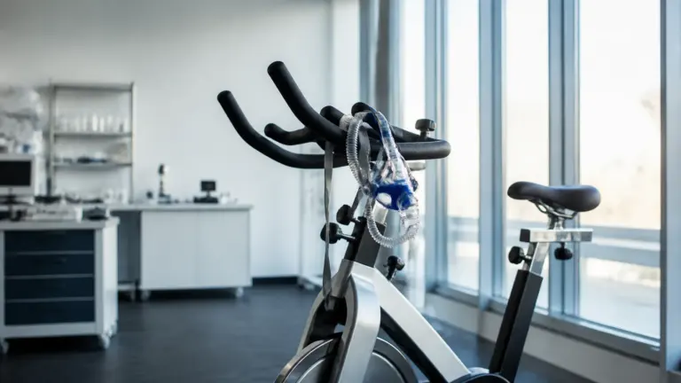 Photoreal editorial image of an unoccupied stationary cycling ergometer in a bright, minimal exercise physiology lab