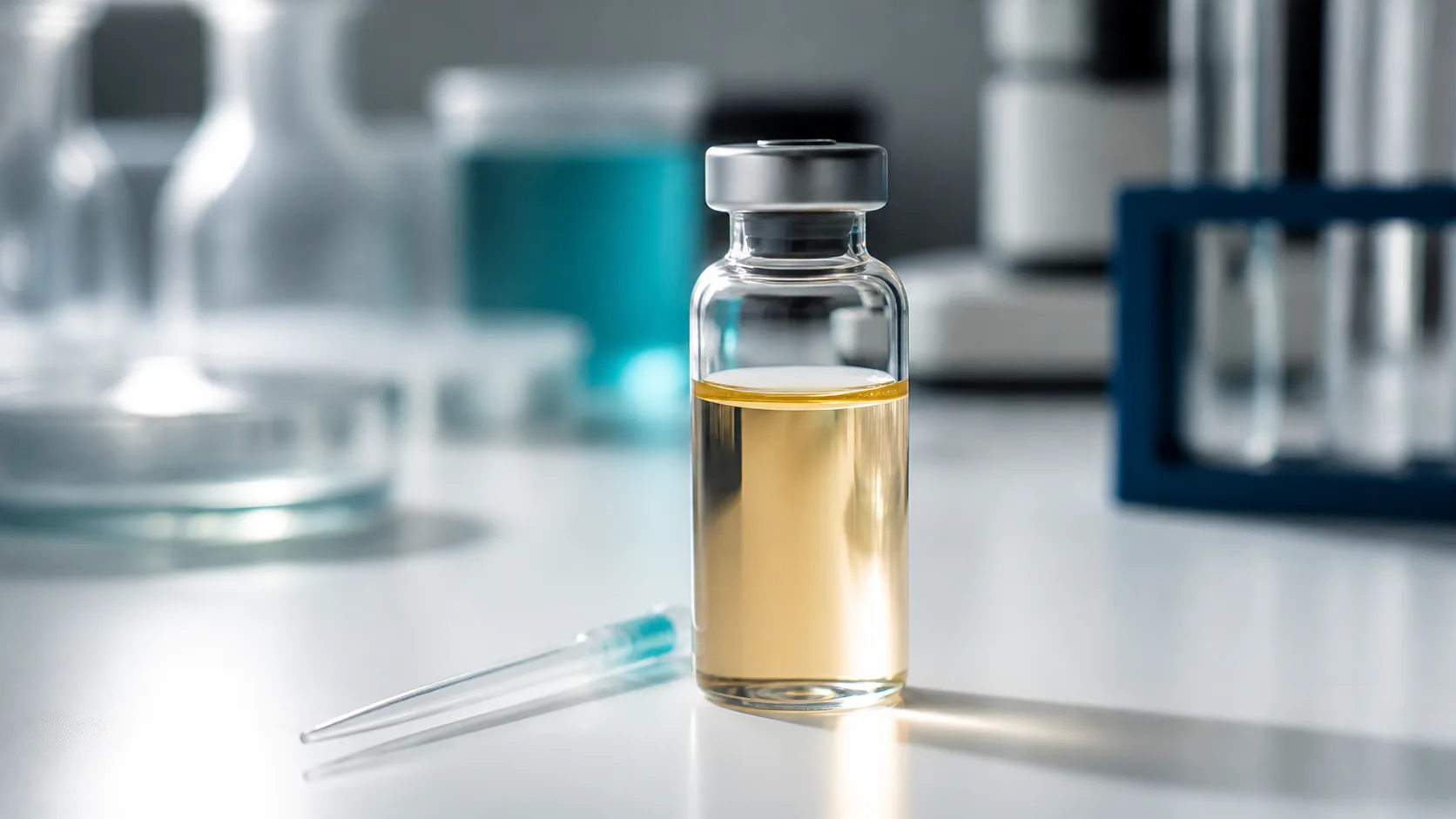 Single vial of clear straw-colored serum standing on a white laboratory bench, backlit so the liquid glows