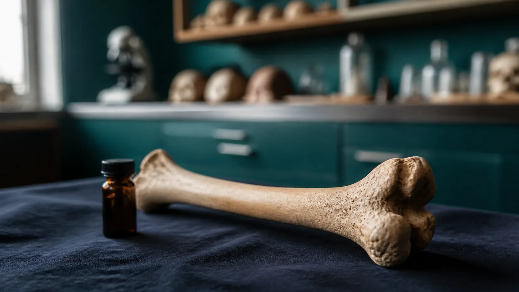 Dried human long bone specimen on a black cloth beside a small amber sample vial in a teaching laboratory
