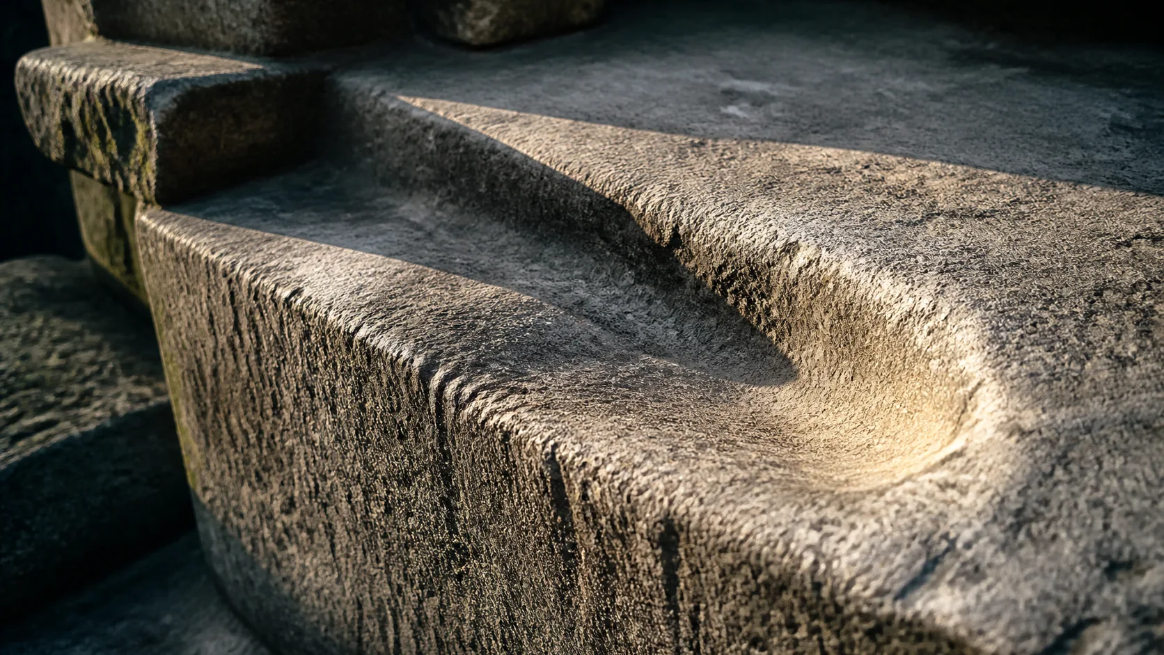 Weathered stone step worn into a shallow hollow by decades of footsteps, morning light across the grain