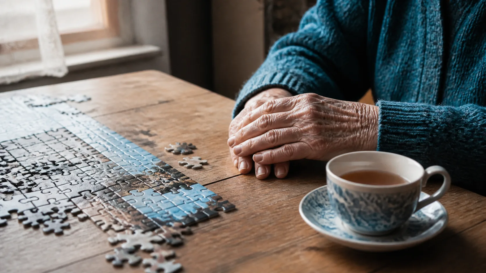 Elderly person's hands resting on a wooden kitchen table beside a half-finished jigsaw puzzle and a cooling cup of tea