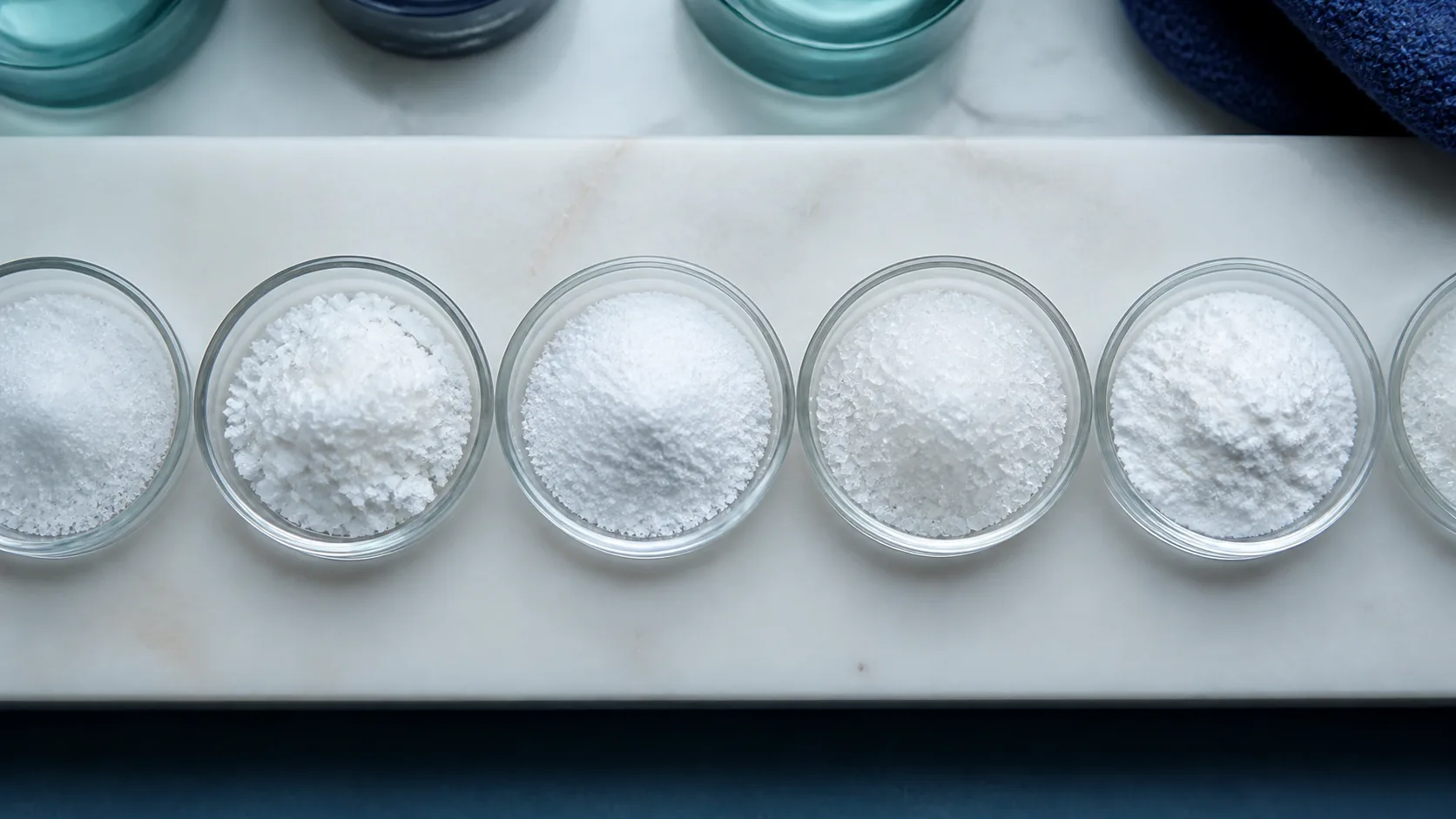 Row of small glass dishes on a pale bench, each holding a different fine white crystalline powder, top-down macro