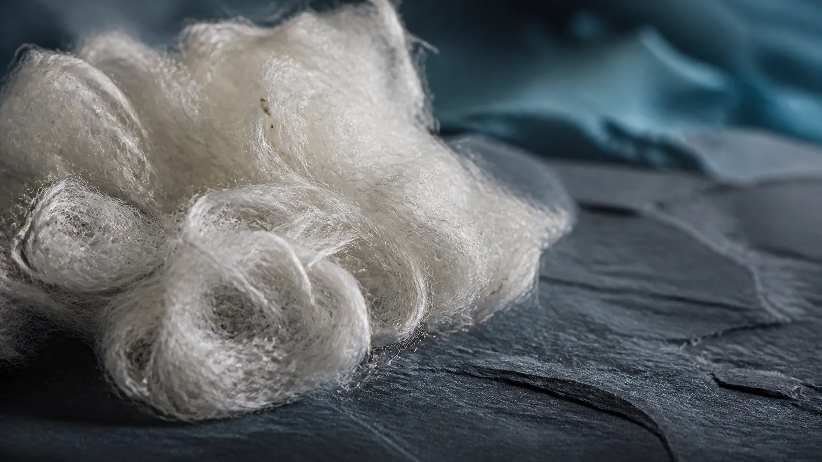 Dense tangled white fibers of raw silk cocoon fluff clumped on dark slate, extreme macro