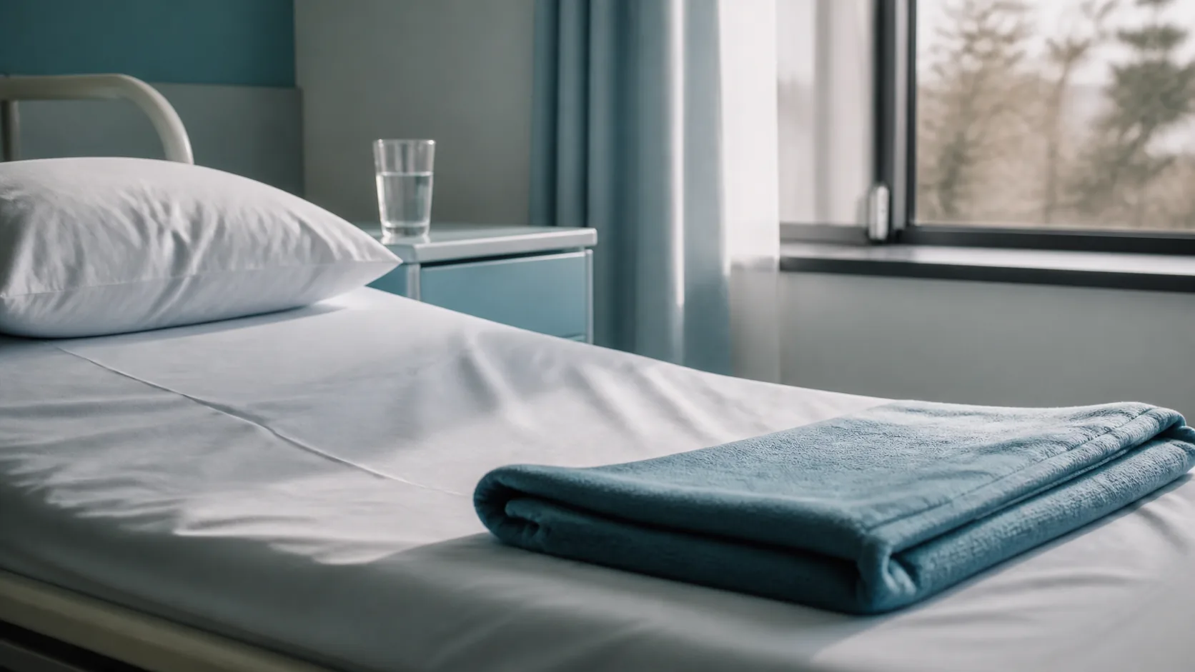 Pale blue hospital blanket folded on an empty bed by a window, an untouched glass of water on the side table