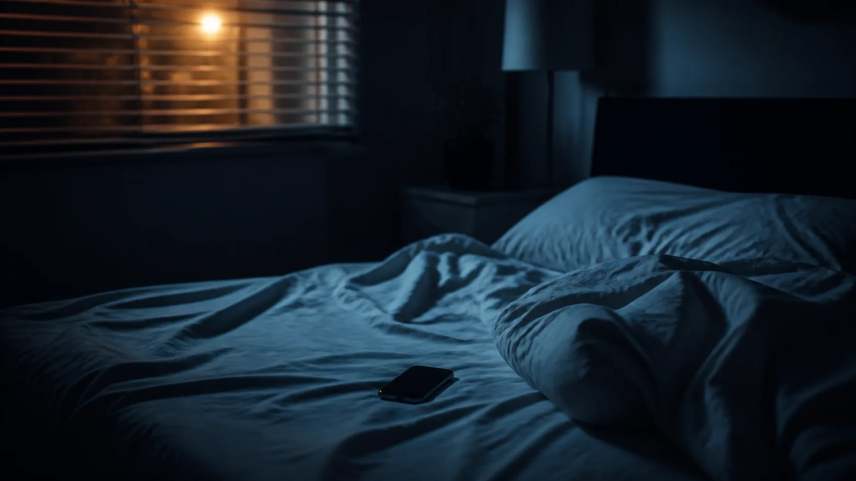 Unmade bed at three in the morning lit only by a streetlamp through half-open blinds, a phone face down on the sheet