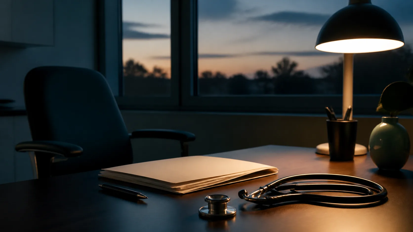 Cardiology consulting room desk at dusk with a stethoscope, a folded paper record and a pen, chair pushed back