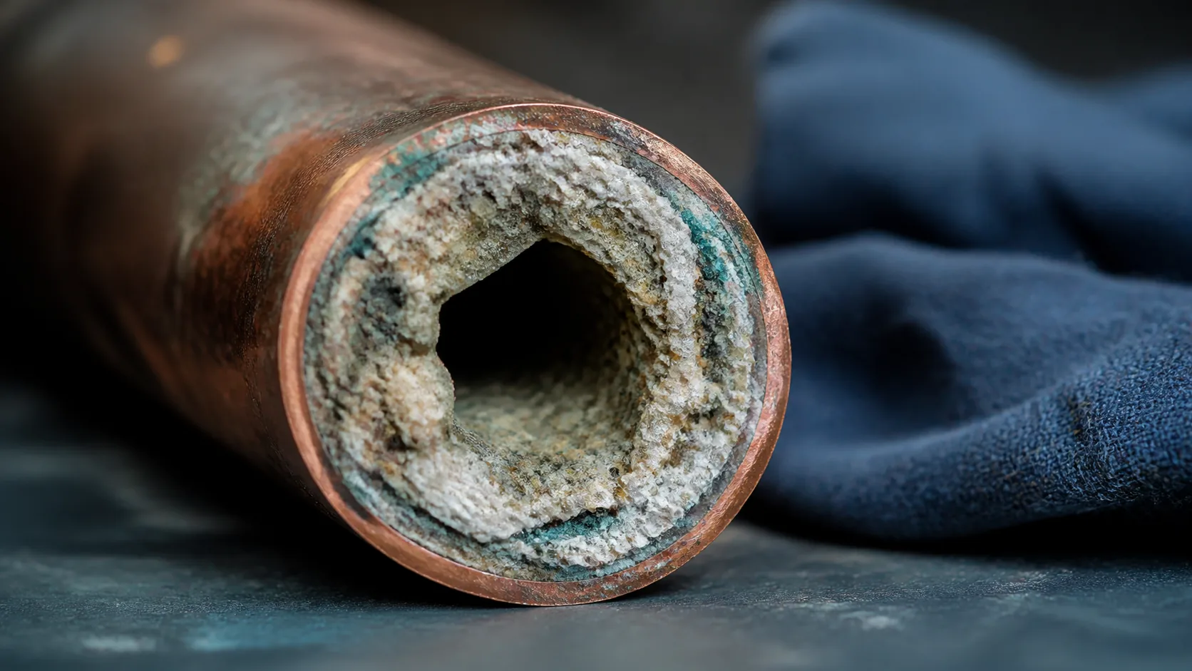 Cut section of old copper plumbing pipe on a workbench, the bore narrowed by thick mineral scale, macro detail