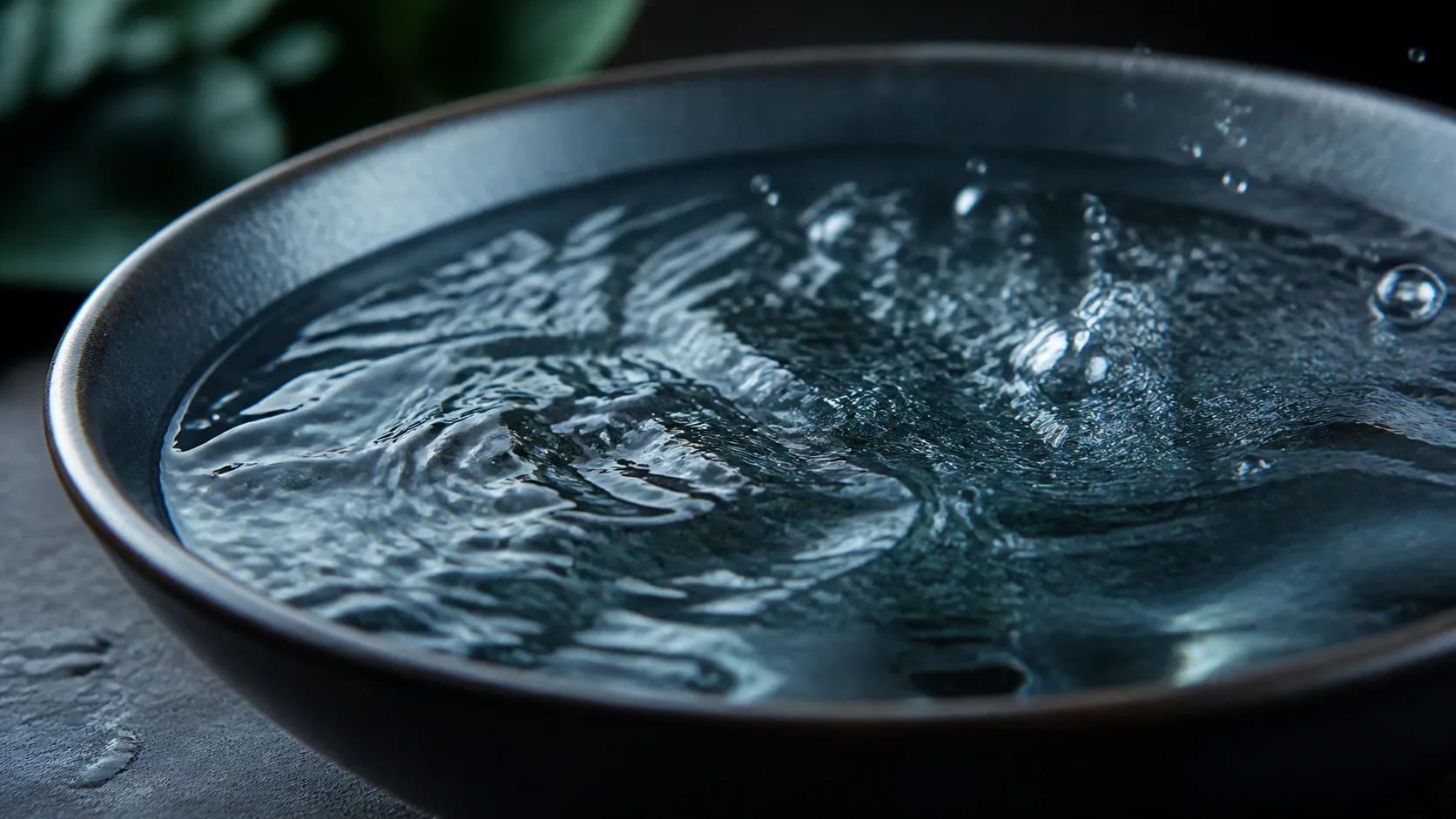 Shallow bowl of water on a dark table with its surface broken into irregular chaotic ripples, high-speed macro, cool light