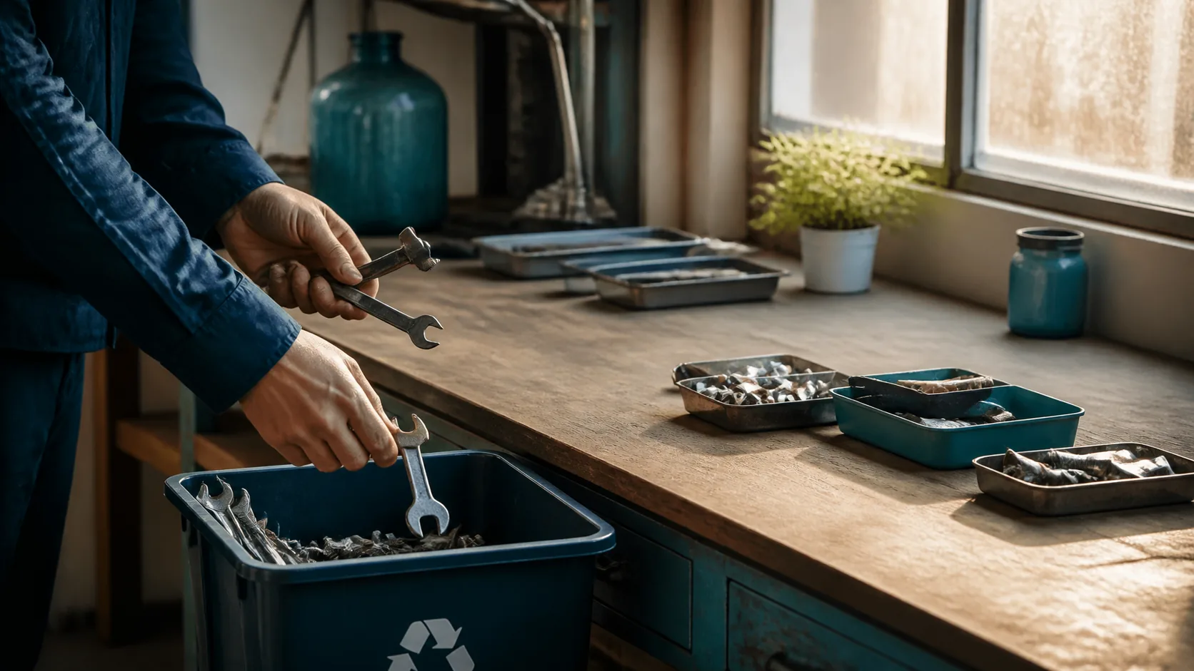 Tidy workshop bench where broken tools are being sorted into a recycling bin, clean bench above