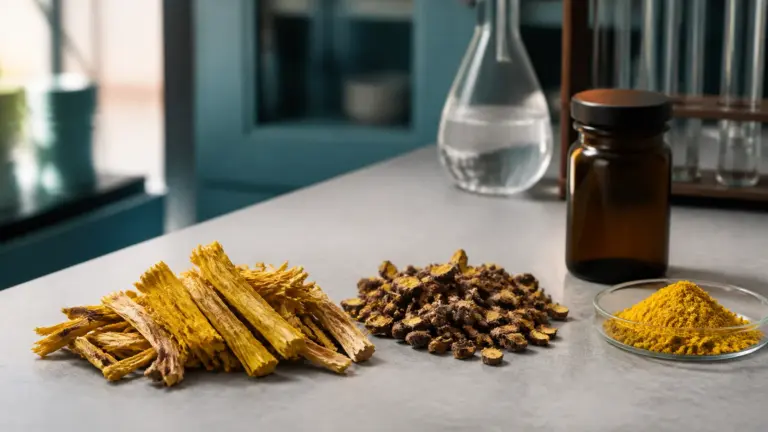 Bright golden-yellow barberry root bark and dried Coptis rhizome arranged on a pale gray laboratory bench beside a small g...