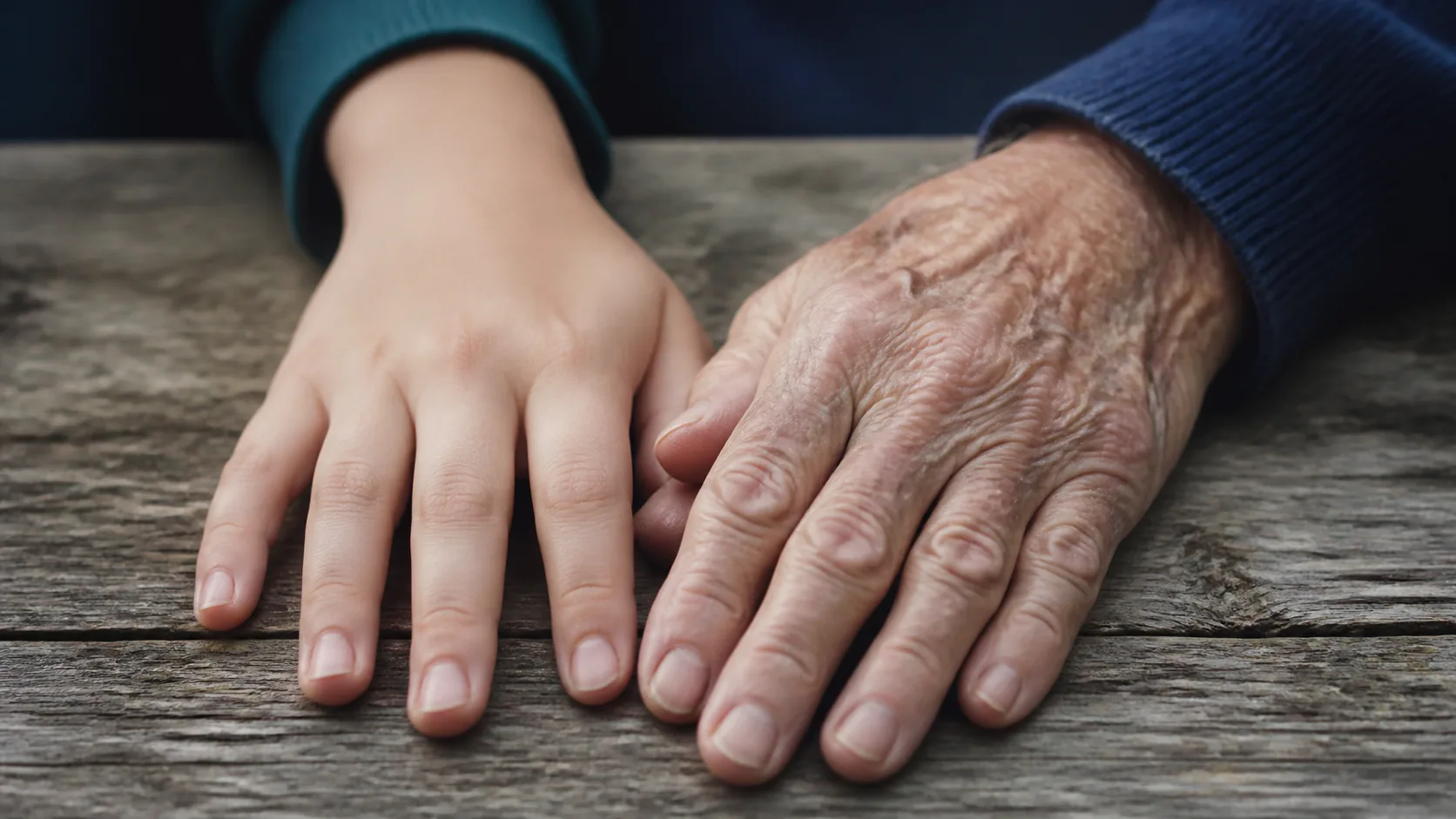 Two hands of very different ages resting side by side on weathered oak, one young and one deeply lined, soft diffuse daylight