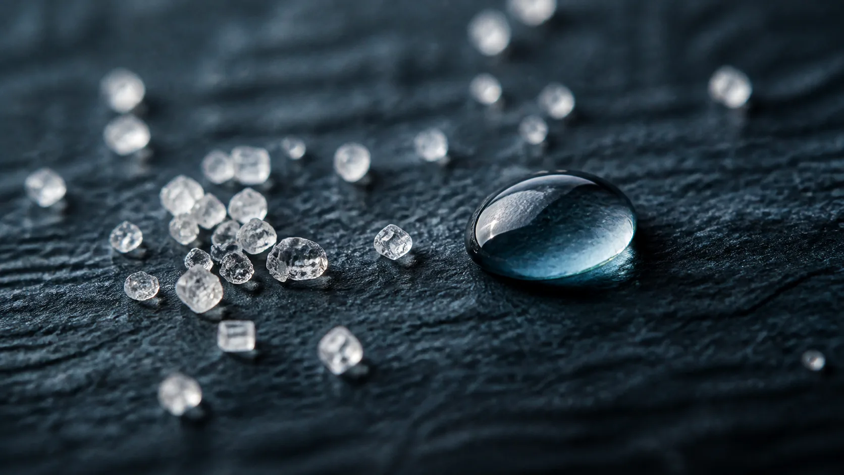 Few loose sugar crystals scattered on a dark slate surface beside a single drop of clear liquid, extreme macro