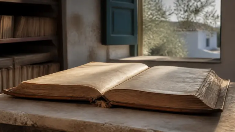 Photoreal editorial hero image of a weathered leather-bound civil birth register lying open on a sun-warmed stone table in...