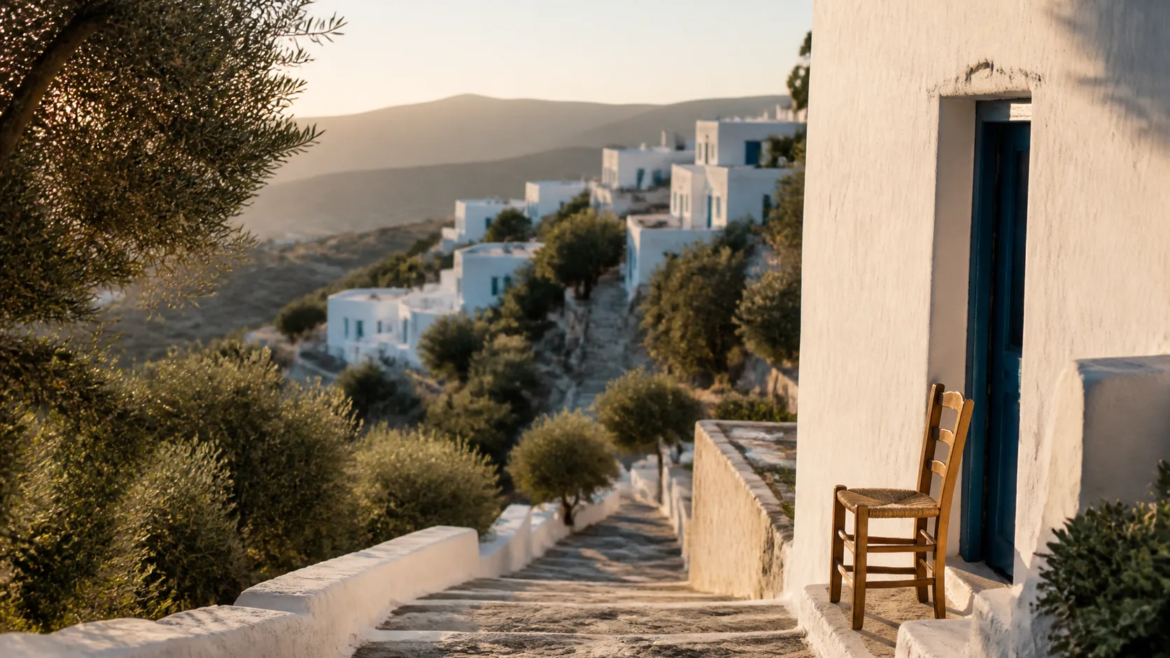 Steep terraced village lane on a Mediterranean island at golden hour, whitewashed walls, a wooden chair outside a doorway