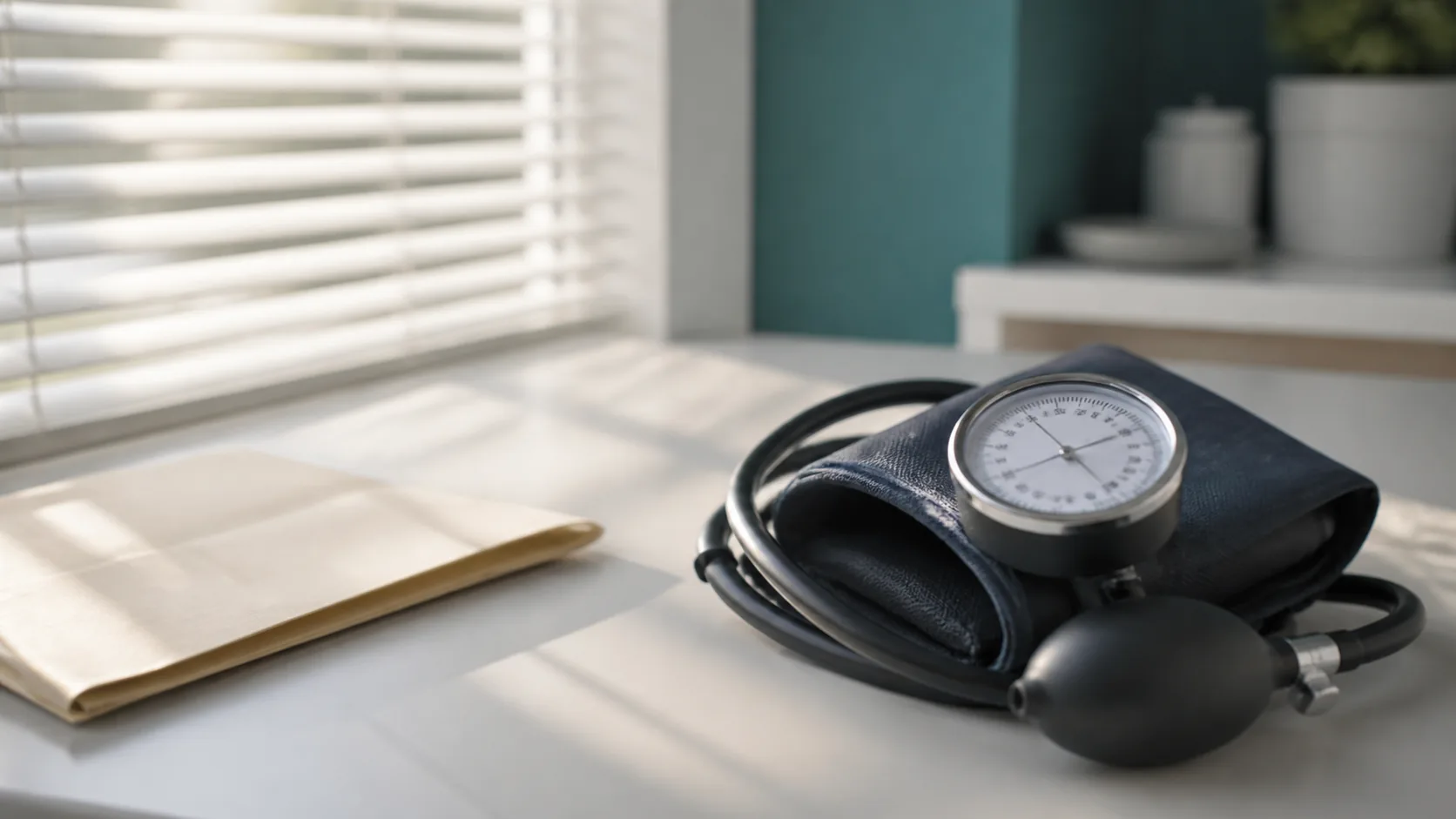 Aneroid blood pressure cuff coiled neatly on a clinic desk beside a folded paper chart