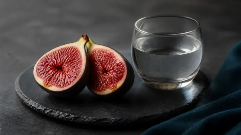 Halved ripe fig resting on a dark slate plate beside a small glass of water, single soft overhead light
