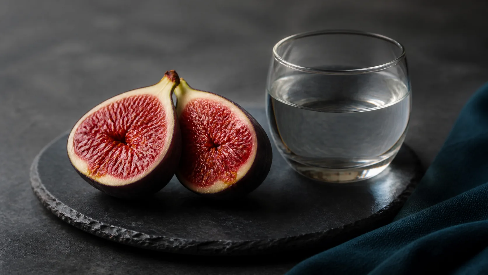 Halved ripe fig resting on a dark slate plate beside a small glass of water, single soft overhead light