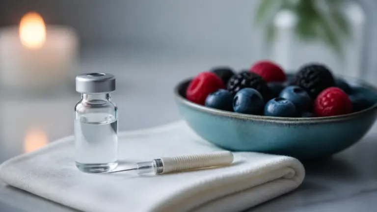 Small glass vial of clear liquid and a fine lancet resting on a folded white cloth beside a bowl of fresh berries