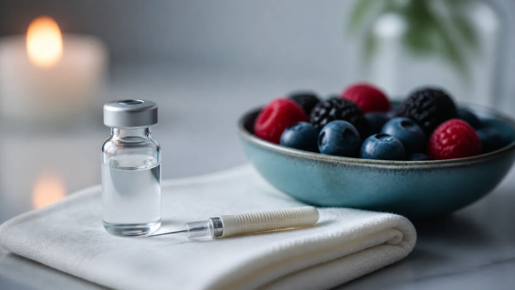 Small glass vial of clear liquid and a fine lancet resting on a folded white cloth beside a bowl of fresh berries