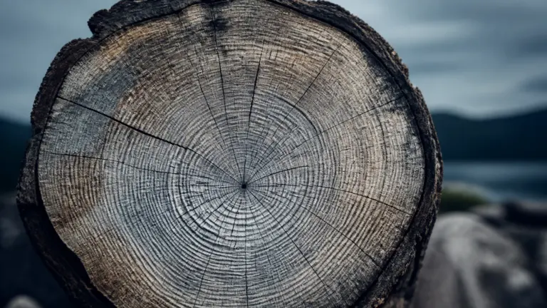 Cross-section of a felled tree trunk showing dense growth rings, some years visibly wider than others