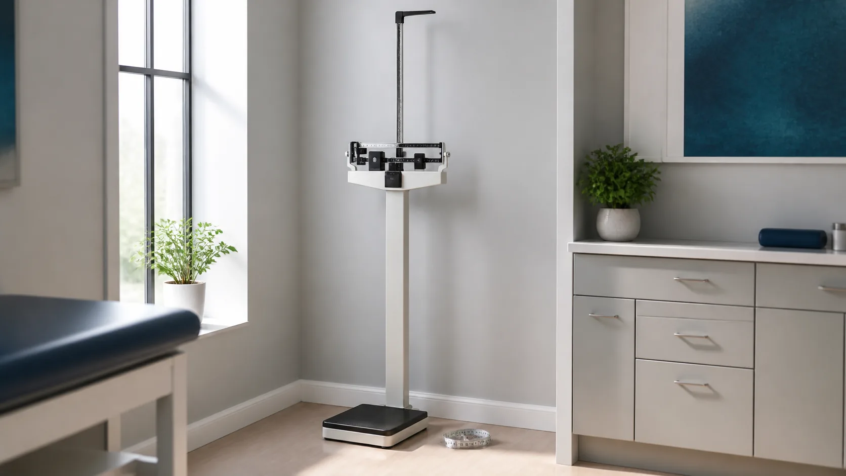Calibrated mechanical physician's beam scale with a sliding height rod standing in a bright clinic corner, pale walls