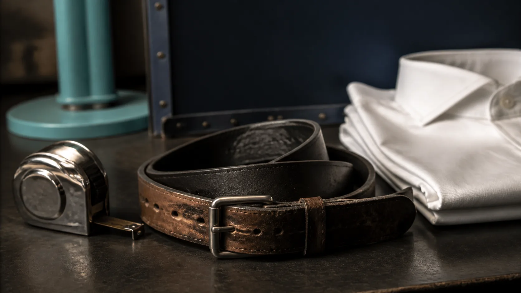 Worn leather belt lying coiled on a dark workbench beside a steel tape measure and a plain white shirt folded neatly