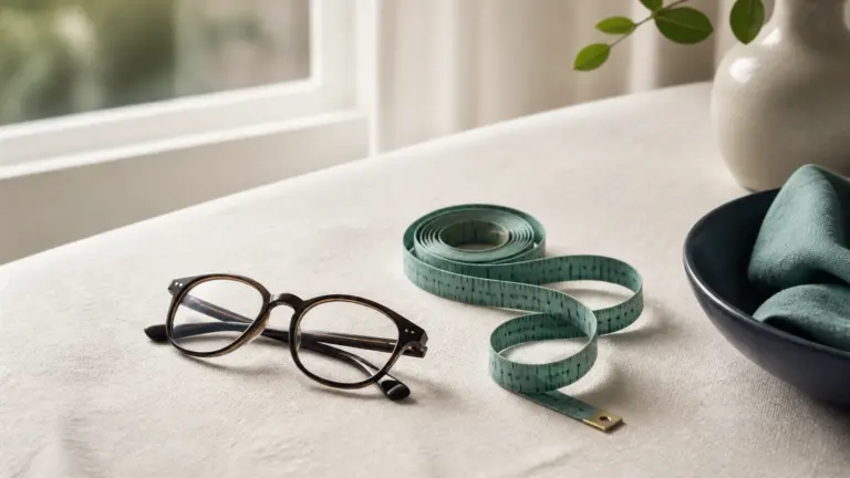 Soft cotton measuring tape coiled loosely beside a pair of reading glasses on a pale linen surface near a window