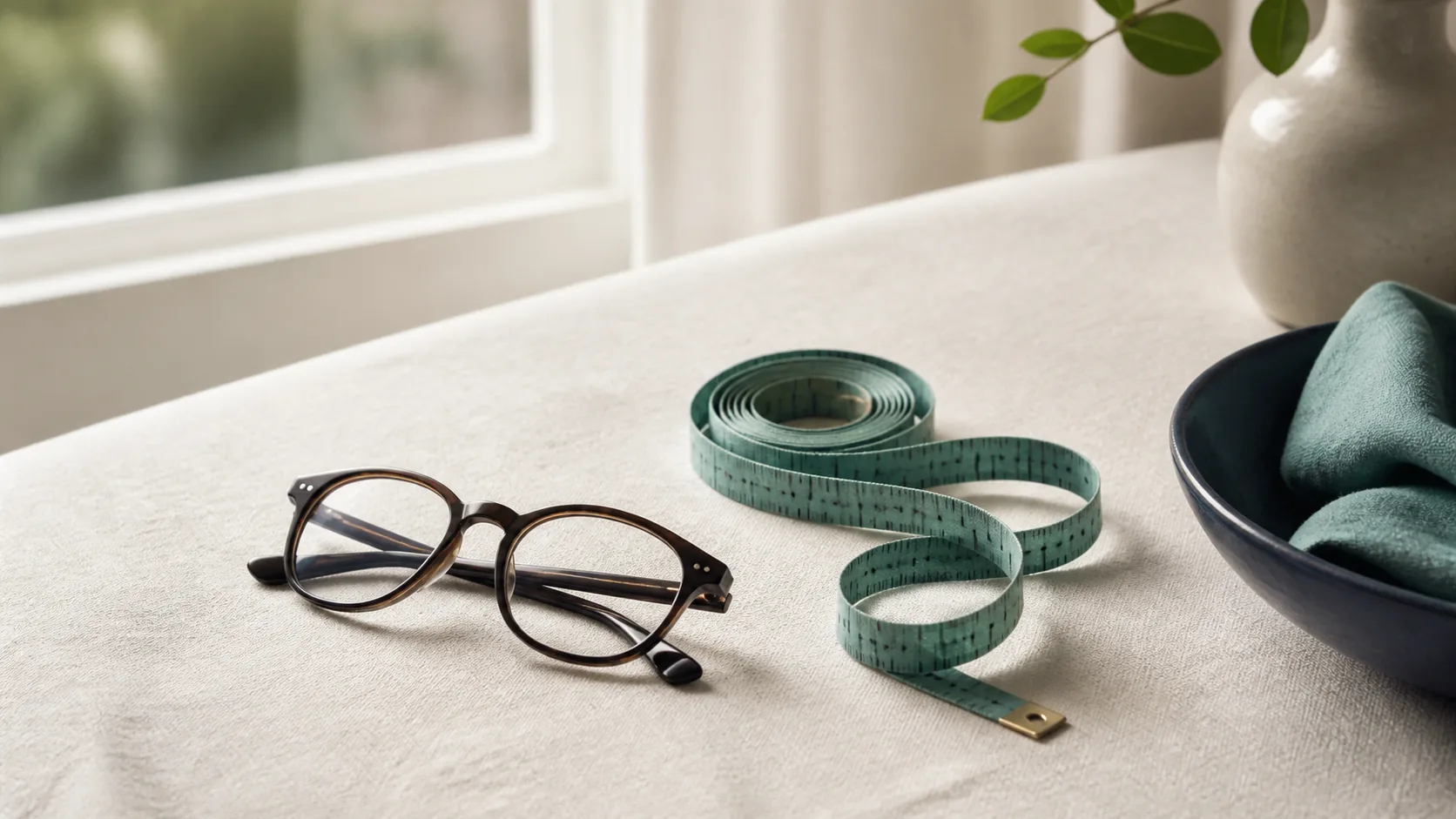 Soft cotton measuring tape coiled loosely beside a pair of reading glasses on a pale linen surface near a window