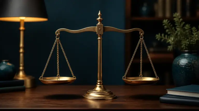 Brass beam balance with two empty pans in perfect equilibrium on a dark walnut desk, single warm light source
