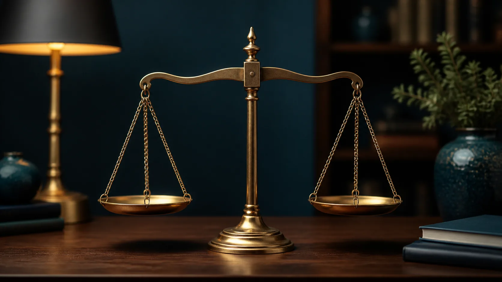 Brass beam balance with two empty pans in perfect equilibrium on a dark walnut desk, single warm light source
