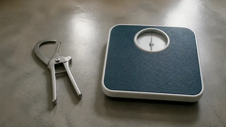 Pair of steel skinfold calipers and a plain analog bathroom scale side by side on a polished concrete floor