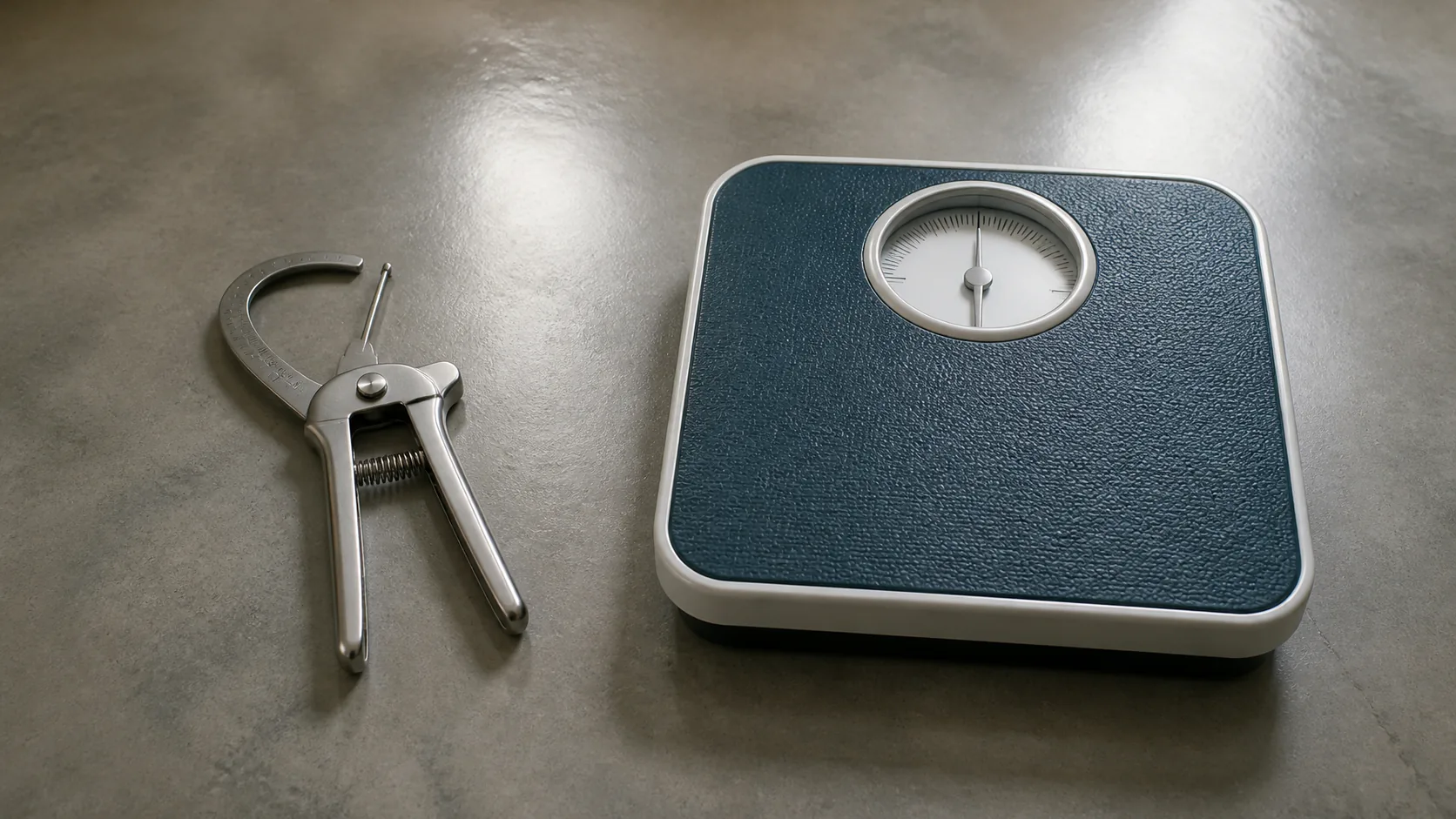 Pair of steel skinfold calipers and a plain analog bathroom scale side by side on a polished concrete floor