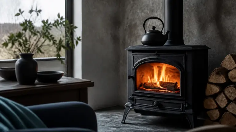 Cast-iron wood stove burning quietly in a stone-floored room with a kettle on top, warm firelight against cool grey walls