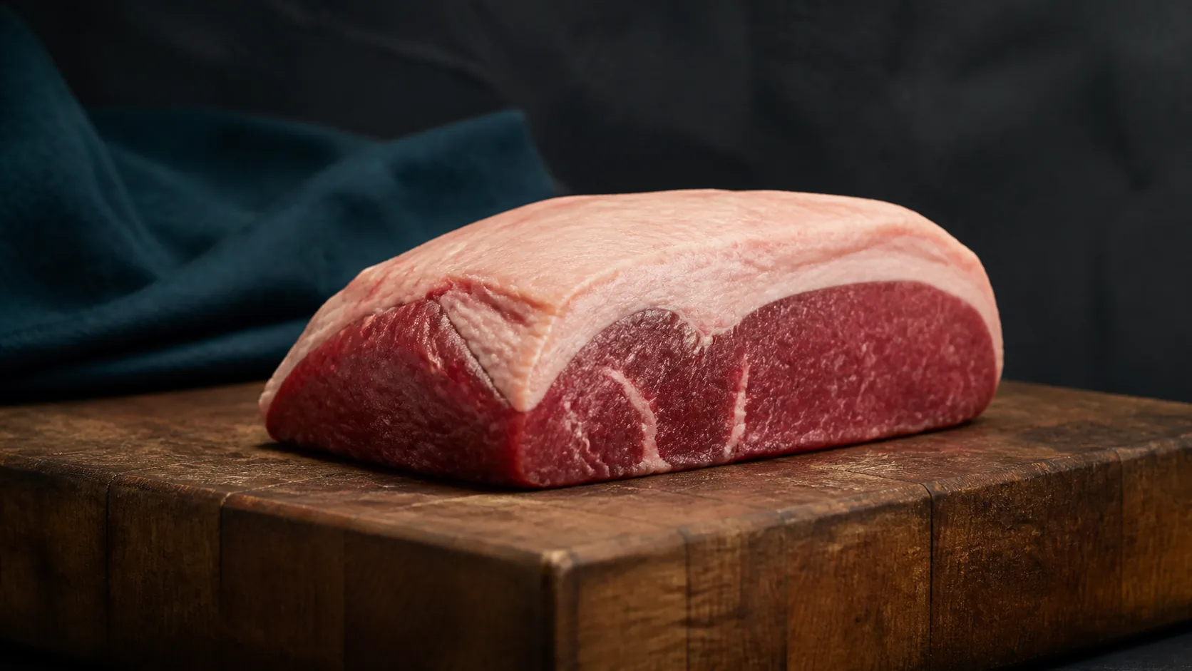Butcher's block with a lean cut of meat, showing the clear boundary between marbled fat and muscle, dark slate background