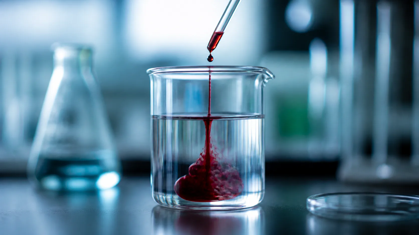 Single drop of deep red liquid dispersing in a clear glass beaker of water on a laboratory bench, macro, cold light