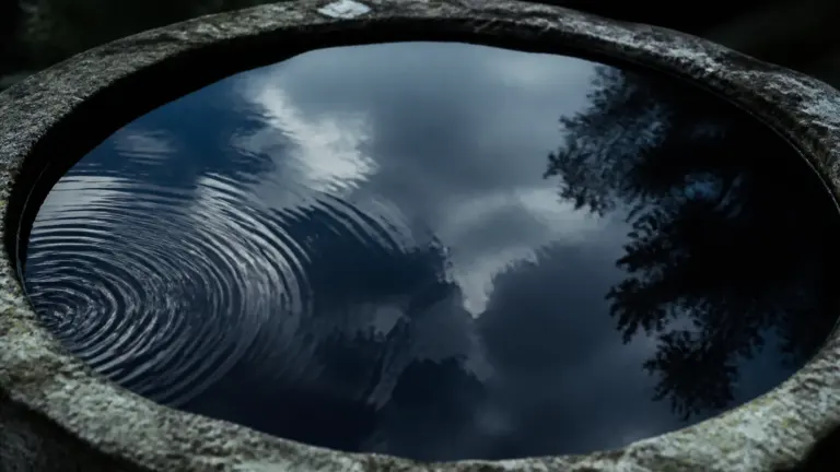 Still surface of dark water in a stone basin reflecting a clouded sky, tiny ripples just beginning at one edge