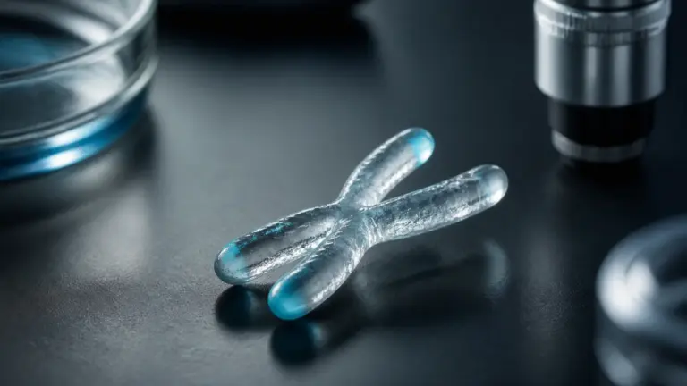 Photoreal macro shot of a translucent glass model of a chromosome pair with softly glowing pale-blue tips