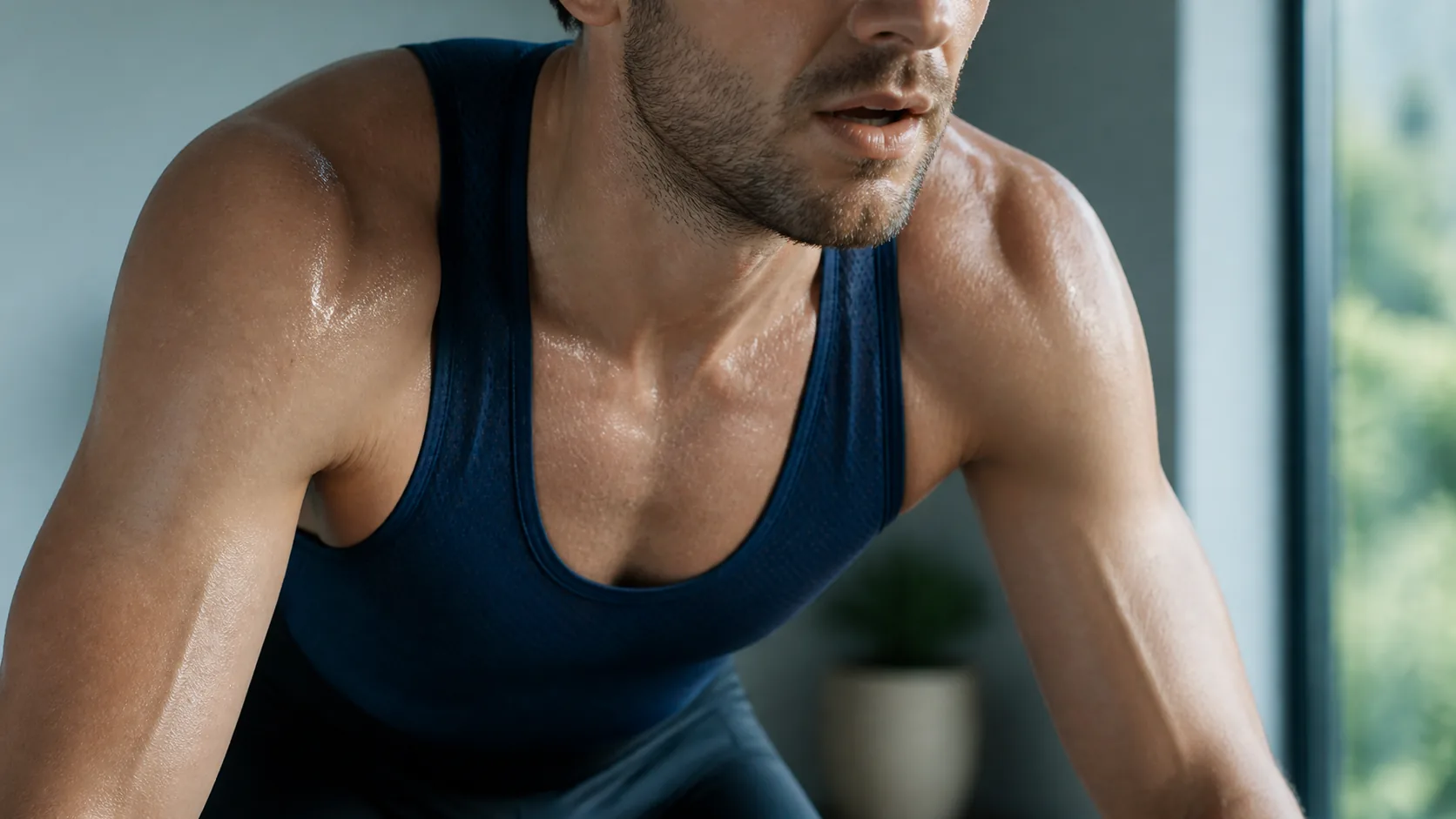 Cyclist's chest and shoulders cropped mid-effort on an indoor trainer, breathing hard, sweat on the collarbone