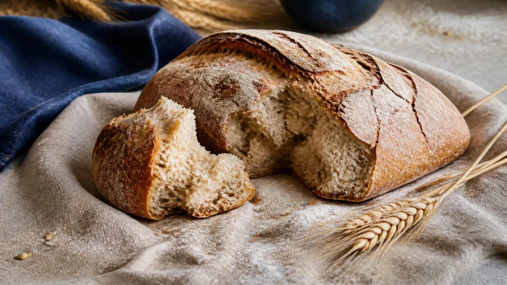 Torn loaf of rustic wheat bread on a linen cloth with a scattering of flour and loose wheat ears, warm bakery light