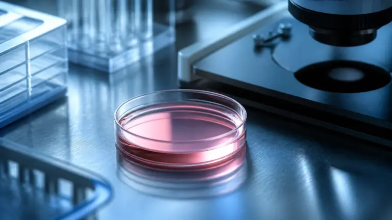 Photoreal editorial macro photograph of a clear laboratory cell-culture dish filled with faintly glowing pink growth mediu...