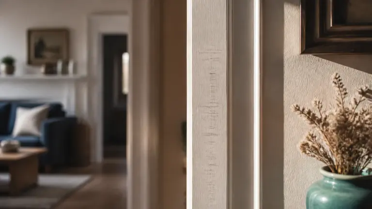 Pencil-marked height chart on a painted door frame in a family home, small notches and dates visible