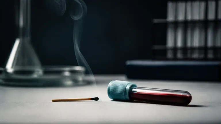 Photoreal editorial still life on a pale grey laboratory surface: a thin ribbon of smoke rising slowly from a single just-...