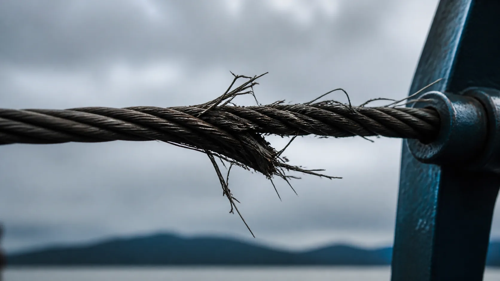Frayed steel cable under tension against a grey sky, individual strands beginning to spring loose, cold hard light