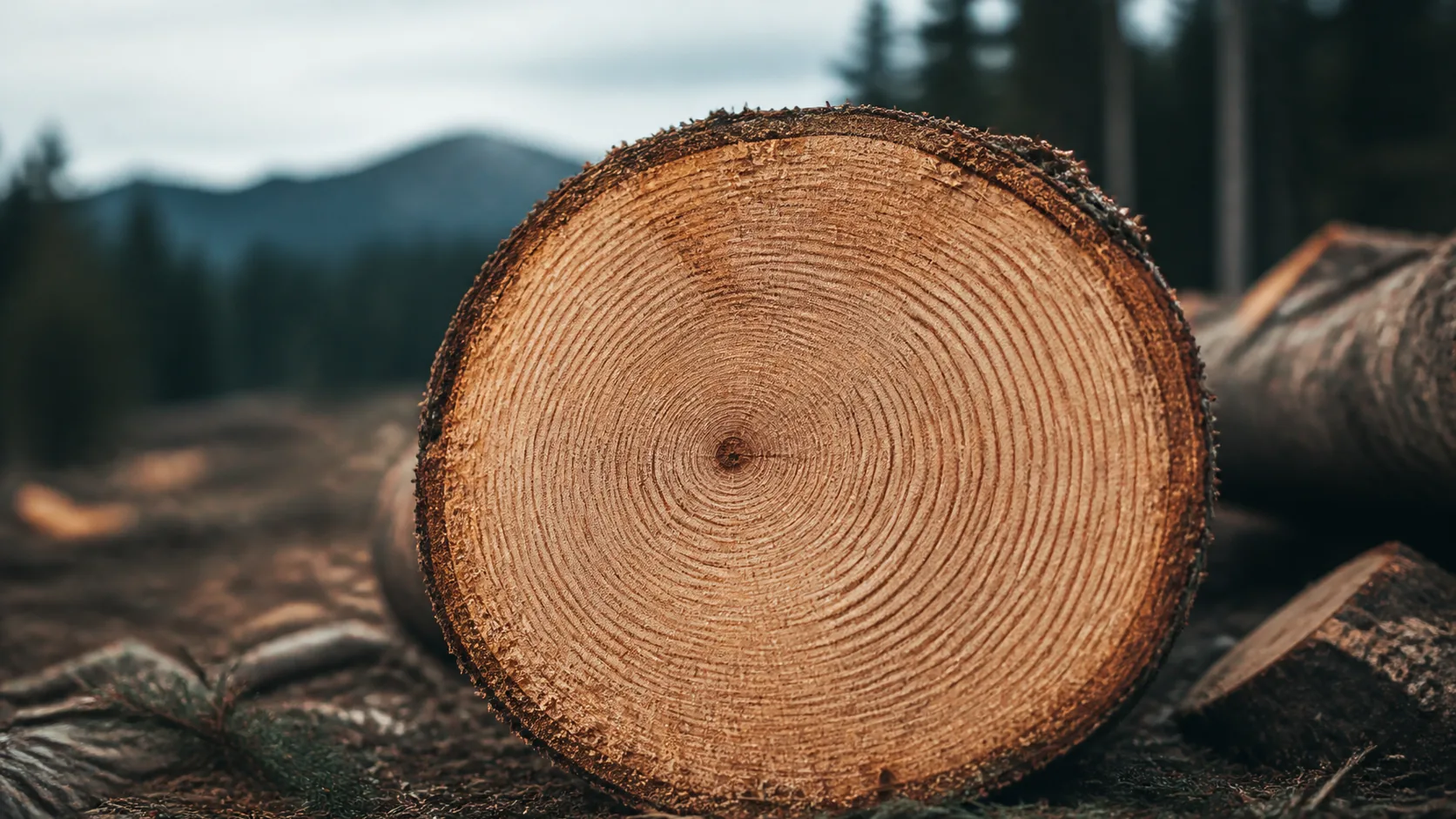 Cross-section of a felled tree trunk showing tight concentric growth rings, raw saw marks, soft daylight in a forest clearing