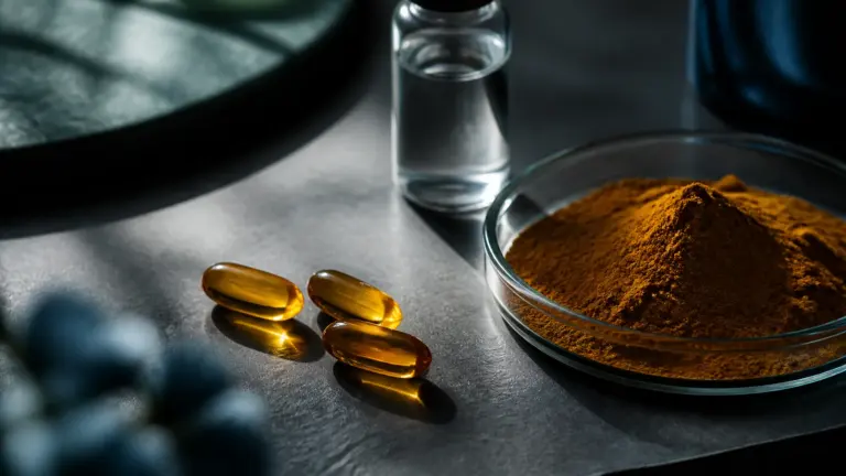 Three translucent amber softgel capsules resting on a brushed dark slate surface beside a shallow glass dish of fine orang...
